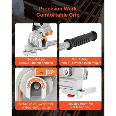 3 In 1 Tube Bender For Copper And Aluminum Pipes showcasing smooth groove, rubber handle, metal scale, and hook for stability.
