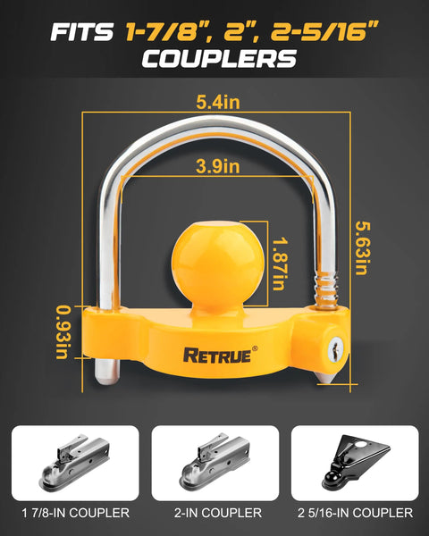 Heavy Duty Universal Trailer Coupler Lock Fits 1-7/8 Inch 2 Inch and 2-5/16 Inch Hitches Yellow Finish Includes 2 Keys Theft Deterrent and Easy Lock Up, close-up view with measurements.