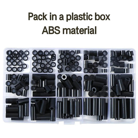 200Pcs ABS Black Round Spacers Set 15 Sizes OD 7mm ID 4.1mm for M4 Screws Non Threaded Column Standoff Round Tube Plastic Washers