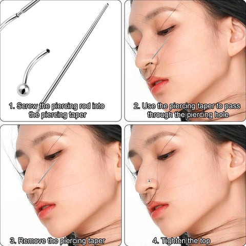 Steps for using Piercing Ball Grabber Tool For Changing Jewelry with stainless steel insertion pin on nose piercing