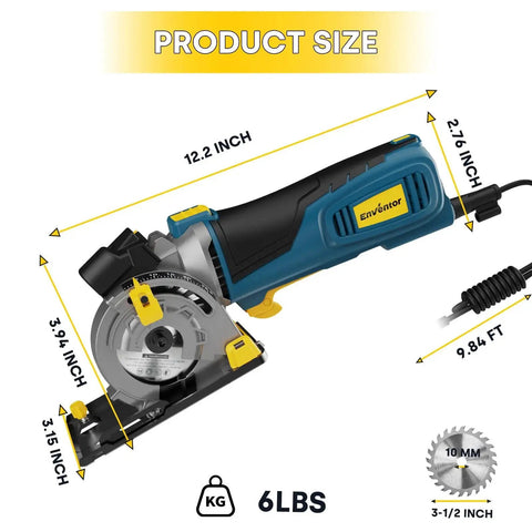 Powerful Mini Circular Saw With Laser Guide, 600W Corded, 5,500 RPM, Three And A Half Inch Blade Set, Compact Enventor