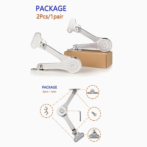 Package with Heavy Duty Toy Box Hinges With Soft Close Lid Support For Wooden Chest And Storage Box Keeps Lid Open Until You Close It Tough As Nails And Ideal For Toy Boxes And Chests Supports Fifty Pound Two Pack shown separated and assembled.