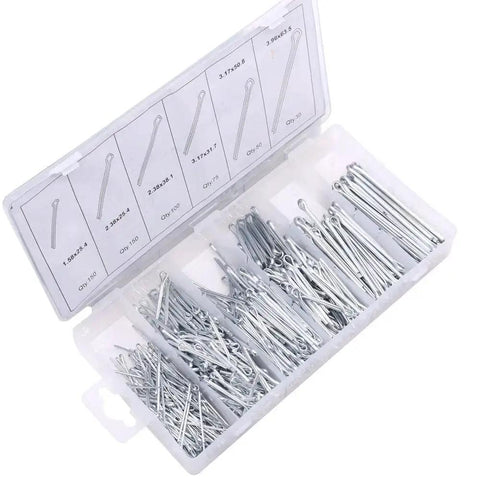 Ultimate 555-Piece Heavy Duty Cotter Pin Assortment Kit with Tough Zinc Plated Steel for Superior Corrosion Resistance displayed in box