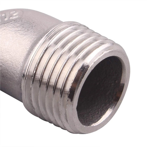 Stainless steel 90-degree pipe elbow, 1/2-in male NPT thread, close-up of threaded end.