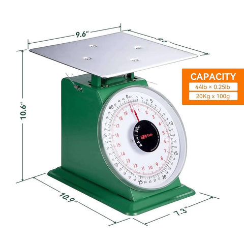 Front view of Heavy Duty Mechanical Kitchen Scale 44Lb 20Kg Portion Control Dial Scale with stainless steel platform and green base.