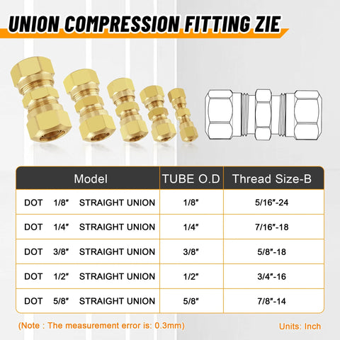 Brass compression air brake straight union fittings kit with multiple sizes for nylon tubing (Ailbiuko 53 pcs)