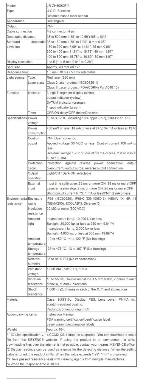 Technical specifications for LR ZH500CP Laser Sensor UCD Distance Based With PNP Output M8 4 Pin Cable Industrial Grade New In Box