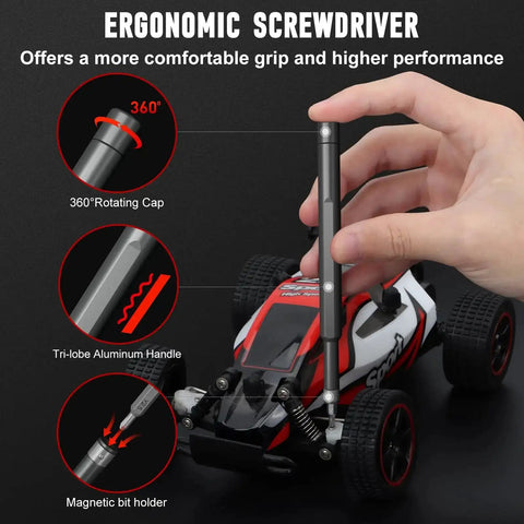 A hand using a screwdriver from the 60 In 1 Magnetic Precision Screwdriver Set to adjust a model car, showing ergonomic handle details.