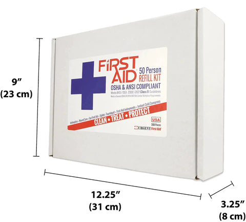 OSHA and ANSI Class B First Aid Kit Refill For 50 People 208 Piece Upgrade Pack box dimensions labeled