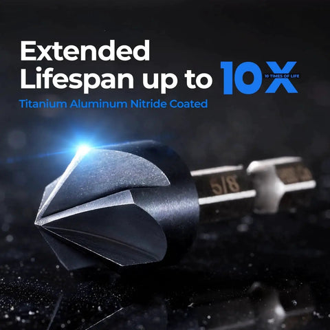 Close-up of Pro Cobalt Countersink Drill Bit Set With Quick Change Hex Shank Toolant Titanium Aluminum Nitride Coated for Metal Drilling.