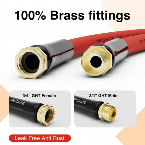 SPECILITE 5/8" rubber garden hose with 3/4" brass GHT fittings; red hose shown with male and female connectors