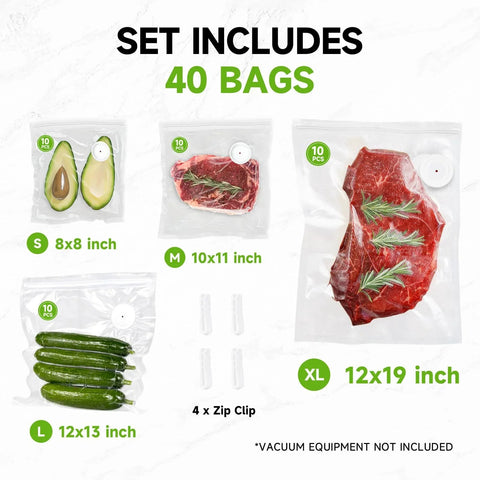 Reusable Vacuum Sealer Bags For Food 40 Count BPA Free Durable Leakproof shown with various contents in different bag sizes.