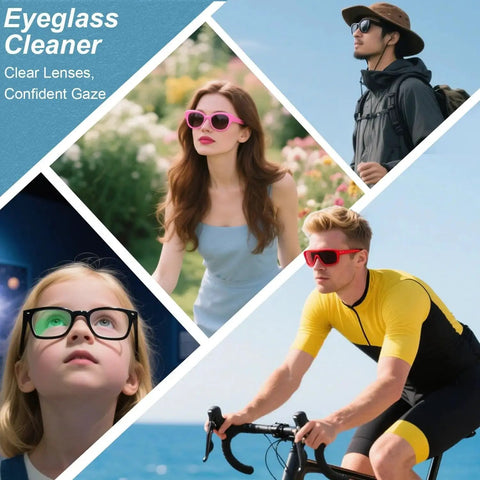 Two Pack Travel Eyeglasses Cleaner Spray Kit With Microfiber Cloths For Screens in use by people with different eyewear outdoors