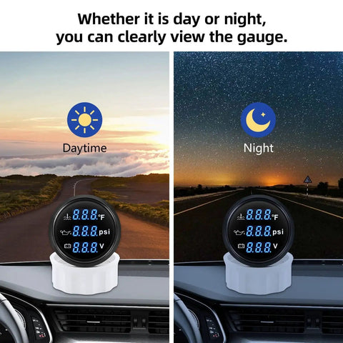 Day and night view of Triple Gauge Set 3 In 1 For Boats That Combines Oil Pressure Water Temperature And Voltmeter 52mm 2 Inch Marine Gauge Kit With Blue Backlight Easy To Read Built With 316L Bezel Sensor Included And Durable Black Finish ARTILAURA