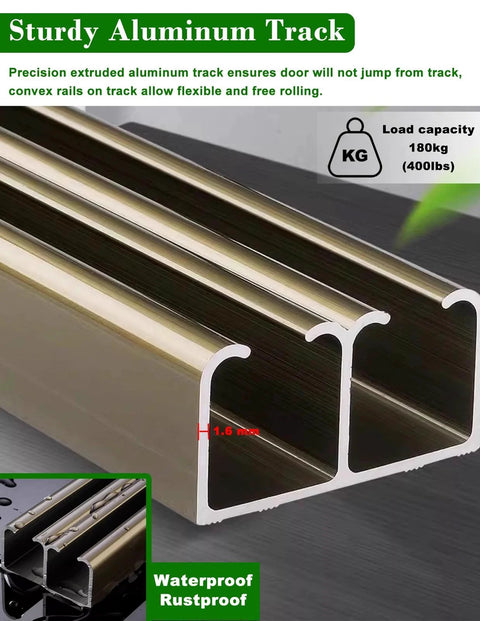 Double Sliding Door Track Hardware Kit For Bypass Doors For Three Quarter To One Inch Doors With Floor Guide And Rollers Top Mount Pocket Closet Track System Silver 39 Inch Length Smooth Quiet Glide Easy Install showing sturdy aluminum track with 180kg load capacity and waterproof rustproof feature.