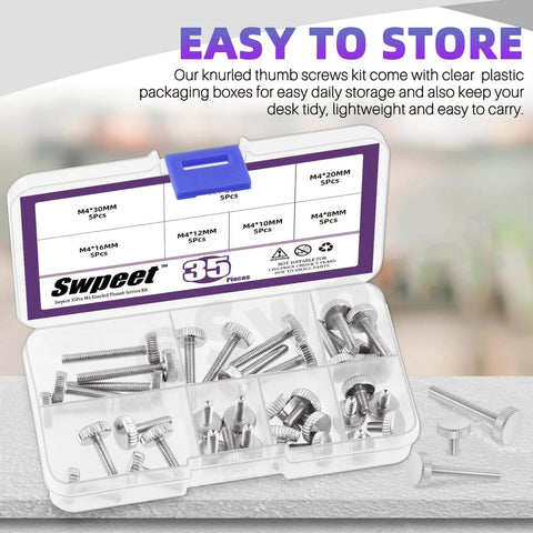 Thumb Screw Set With Knurled Flat Heads, Fully Threaded, 35-Piece Nickel Plated Assortment In 7 M4 Sizes in open case