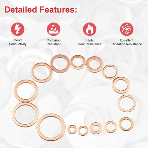 Copper Crush Washers Set, 150 Piece Metric M5 To M22 Assortment With 15 Sizes, corrosion and oxidation resistance features