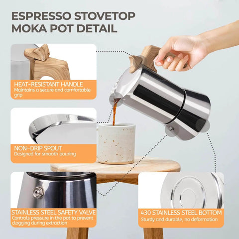 Person pouring coffee from a 12 Cup Moka Pot Stainless Steel Coffee Maker Stovetop Espresso Coffeemaker 304 Grade Uncoated Finish