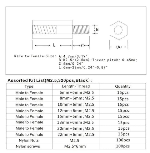 Diagram and kit list for 320 Piece M2.5 Nylon Hex Spacer Standoff Kit With Screws And Nuts In Black For DIYers And Makers.