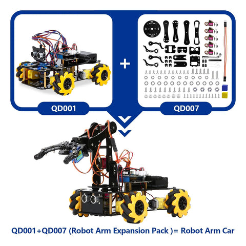 ACEBOTT Robot Arm Expansion Pack and QD001 car kit with yellow wheels; QD007 parts set shown