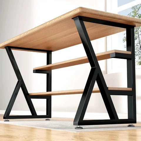 K Shape Beefy Heavy Duty Metal Table Legs Set Of 2, 28 Inches High And 20 Inches Wide, Black Iron With Adjustable Foot Pads, supporting wooden desk