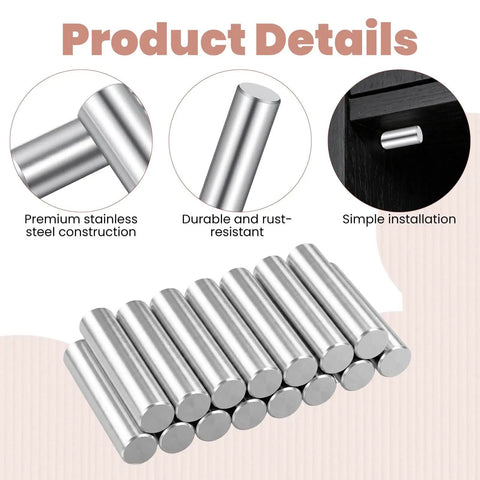 15 Pack One Quarter Inch Stainless Steel Shelf Peg Pins With Chamfered Ends For Easy Insertion, shown in three detail views