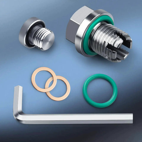 Oversize oil drain plug repair kit, stainless steel M16.1-1.5x15mm, green seal, copper washers, O-ring, Allen wrench