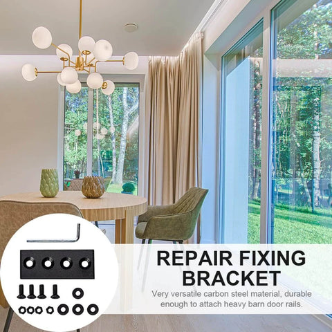 Track Connecting Plate Kit For Barn Door Track System in living room setting, carbon steel repair fixing bracket shown with screws and tools