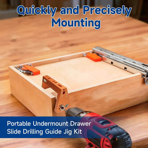 Blum Tandem Undermount Drawer Slide Drilling Guide Kit with aluminum angle guide, brad point bits, stop collars, and hex wrench