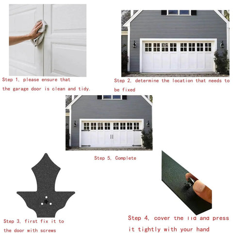 Installation steps for Screw Mounted Faux Garage Door Hardware Set with 4 hinges and 2 handles on exterior carriage-style door