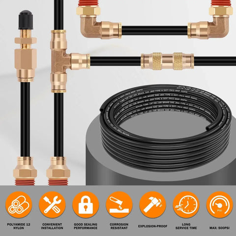 Premium PA12 Nylon Pneumatic Air Tubing 30 Ft 1 Quarter Inch OD DOT Approved For Semi Trucks And Industrial Air Systems SAE J844 Compatible High Temperature High Pressure Pneumatic Hose Line coiled and connected to brass fittings.
