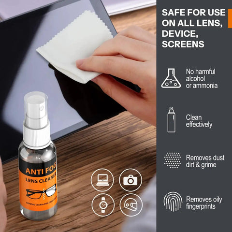 Hand using cloth from 8 In 1 Glasses Cleaning Kit With Anti Fog Spray Cleaner Tool And Cloths on tablet screen, anti-fog spray nearby
