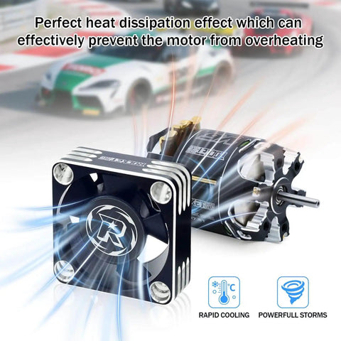30mm RC Cooling Fan For ESC And Brushless Motors Up To 28000 RPM, cooling a motor next to a racing RC car on a track.
