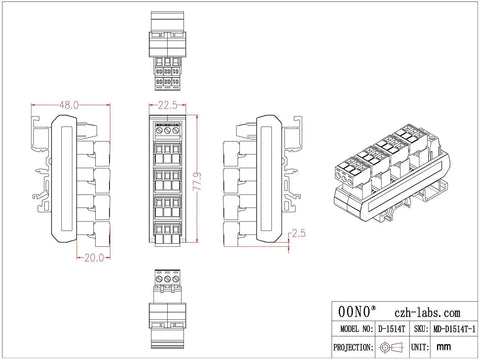 Technical drawing of Slim DIN Rail Mount Pluggable Screw Terminal Block Distribution Module 15-Position 5x3, 300V 10A Per Position, 5.08mm Pitch.