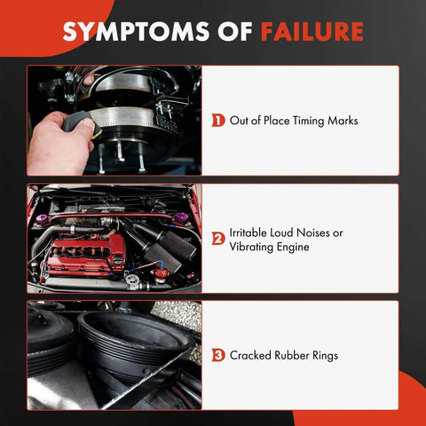 Symptoms of failure include out of place timing marks, vibrating engine, and cracked rubber rings in engine harmonic balancer.