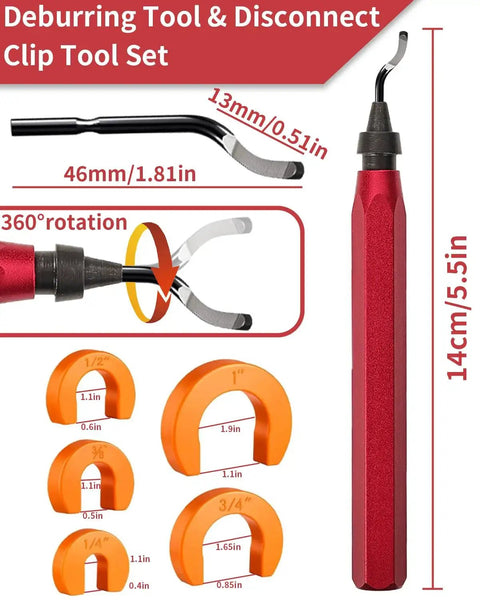 12 In 1 Pro Grade Plumbing Kit With 5 High Speed Steel Deburring Blades For PEX Copper PVC CPVC Pipes And Push Fit Fittings Make Install Quick And Leak Free Diyer Friendly Professional Tools Vorhixa with deburring tool and disconnect clips displayed.