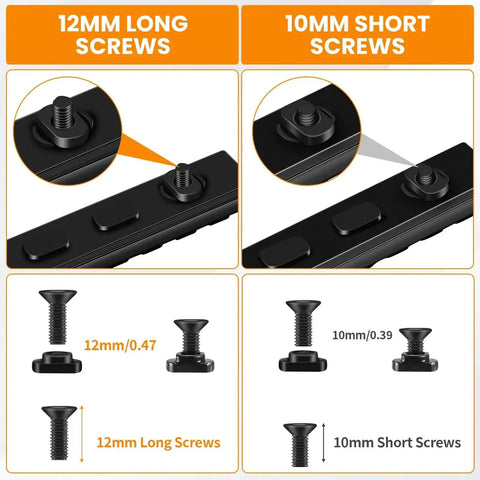 Comparison of 12mm long screws and 10mm short screws for M rails with T-nuts and Allen wrenches in the replacement set