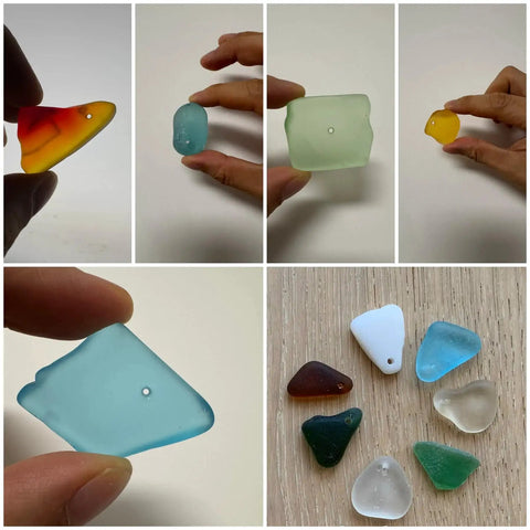 Close-up of drilled sea glass pieces in various colors using 20 Piece Diamond Drill Bit Set Featuring 1mm, 2mm, And 3mm Bits.