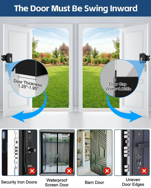 Diagram showing compatible inward swinging doors for Adjustable Angle Doorbell Mount For Ring And Blink Wireless Video Doorbells No Drill Anti Theft Doorbell Camera Mount Universal Bracket That Angles For Optimal View Compatible With Ring Video Doorbell 1 2 3 4 Plus Pro Battery Versions with door thickness and gap details.