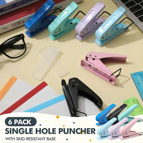 Six Color Single Hole Puncher Pack In One Quarter Inch Metal Handheld displayed in various colors on a desk