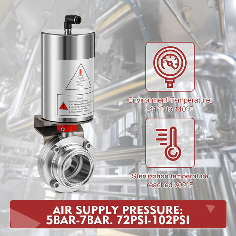 Lounsweer 2-inch tri-clamp sanitary butterfly valve with SS304 body and pneumatic actuator (single-acting)