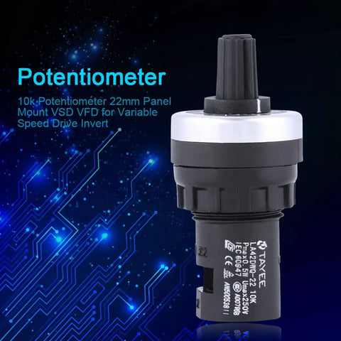 Two Pack Panel Mount 10K Potentiometer For VSD And VFD Rotary Variable Frequency Drive shown with digital design background