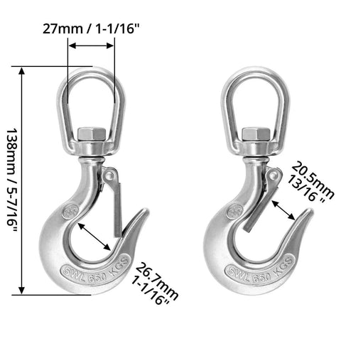 Slip Hooks 1400Lb Stainless Steel Rotatable Swivel Clevis Hook With Safety Latch For Hoisting Machinery Metallurgy And Mining Equipment Made From 304 Stainless Steel Durable Rust Resistant Lifting Hook with dimensions