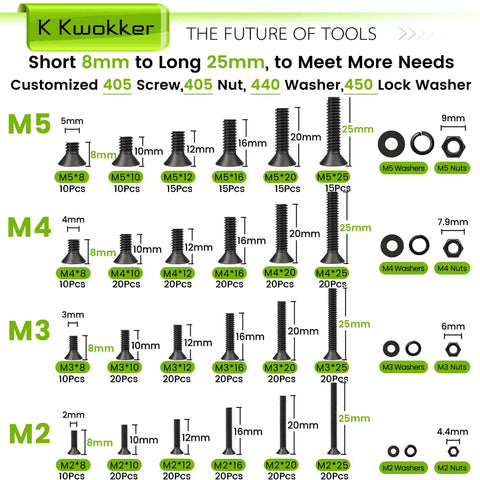 Pro Grade 1700Pcs Metric Screw And Nut Kit With Washers And Hex Keys Black 10.9 Alloy Steel 8-25mm, includes M2 M3 M4 M5 sizes