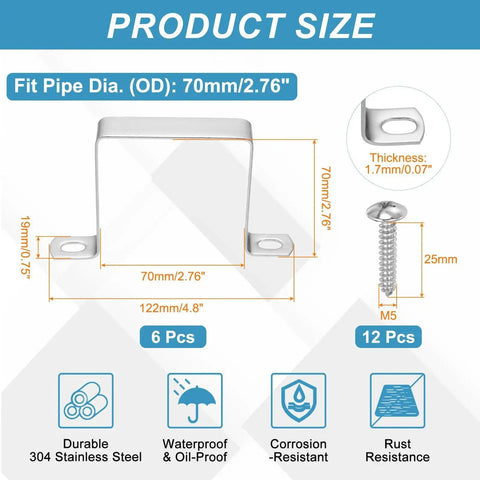 Product size chart for Square Pipe Clamp Set Six Pcs 70x70mm 304 Stainless Steel U Shaped Connector Brackets with screws