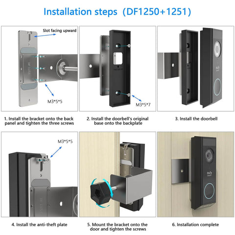 Installation steps for Anti-Theft Doorbell Mount for Eufy E340 Security Video Doorbell No-Drill Installation with safety hook and screws.