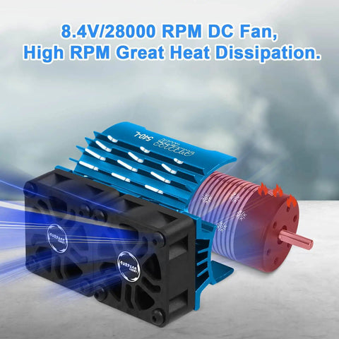 Dual 30mm RC Car Cooling Fans With Metal Heatsink, Up To 28000 RPM, shown with highlighted airflow over a brushless motor.