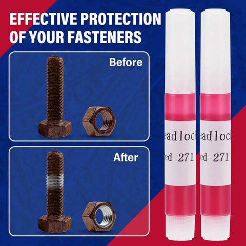 Red Thread Locker 271 High Strength 2ml Tube Pack Of 50 For Nuts Bolts And Fasteners Lock Tight Adhesion shown with nut and bolt before and after application
