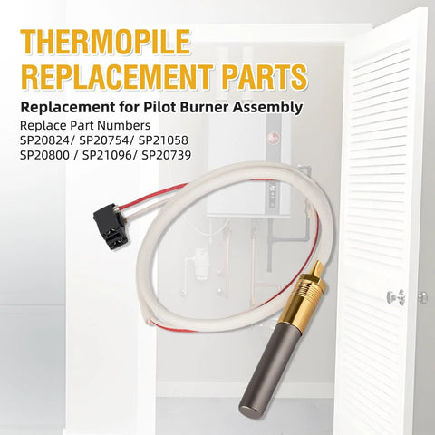 Thermopile replacement parts kit with gold-tipped sensor, white braided cable, and black 2-pin connector for pilot burner.