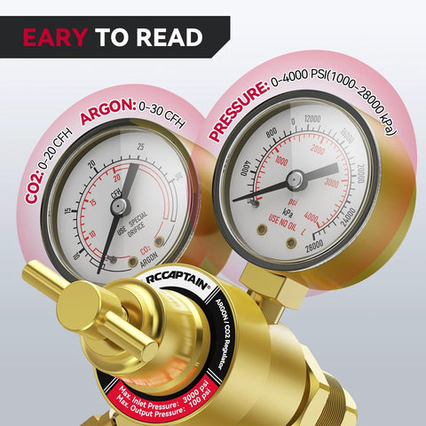 ARCCAPTAIN Argon/CO2 regulator with dual gauges; gold brass body and CGA580 inlet